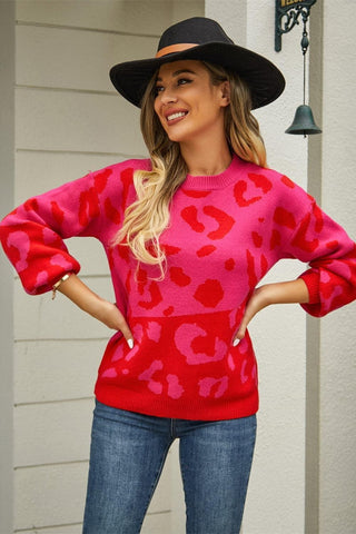 Leopard Round Neck Dropped Shoulder Sweater, Multiple Colors - SwagglyLife Home & Fashion