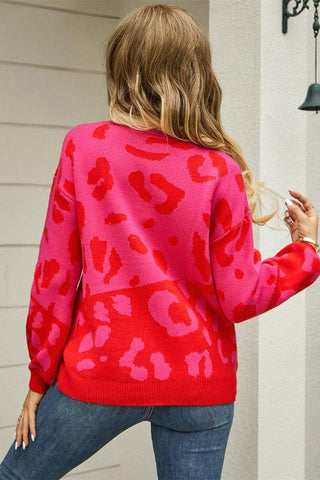 Leopard Round Neck Dropped Shoulder Sweater, Multiple Colors - SwagglyLife Home & Fashion