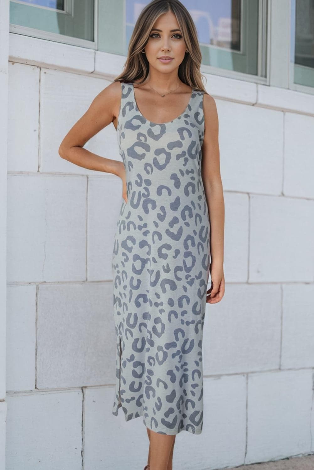 Leopard Sleeveless Slit Midi Dress, Multiple Colors - SwagglyLife Home & Fashion