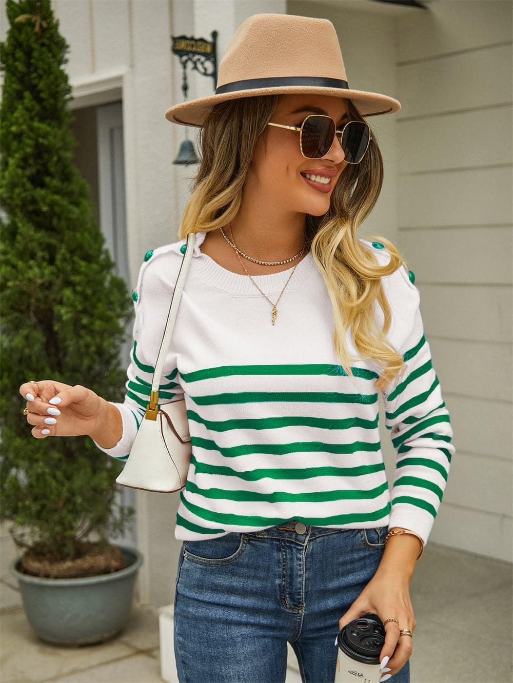 Round Neck Shoulder Button Striped Pullover Sweater, 3 Colors - SwagglyLife Home & Fashion