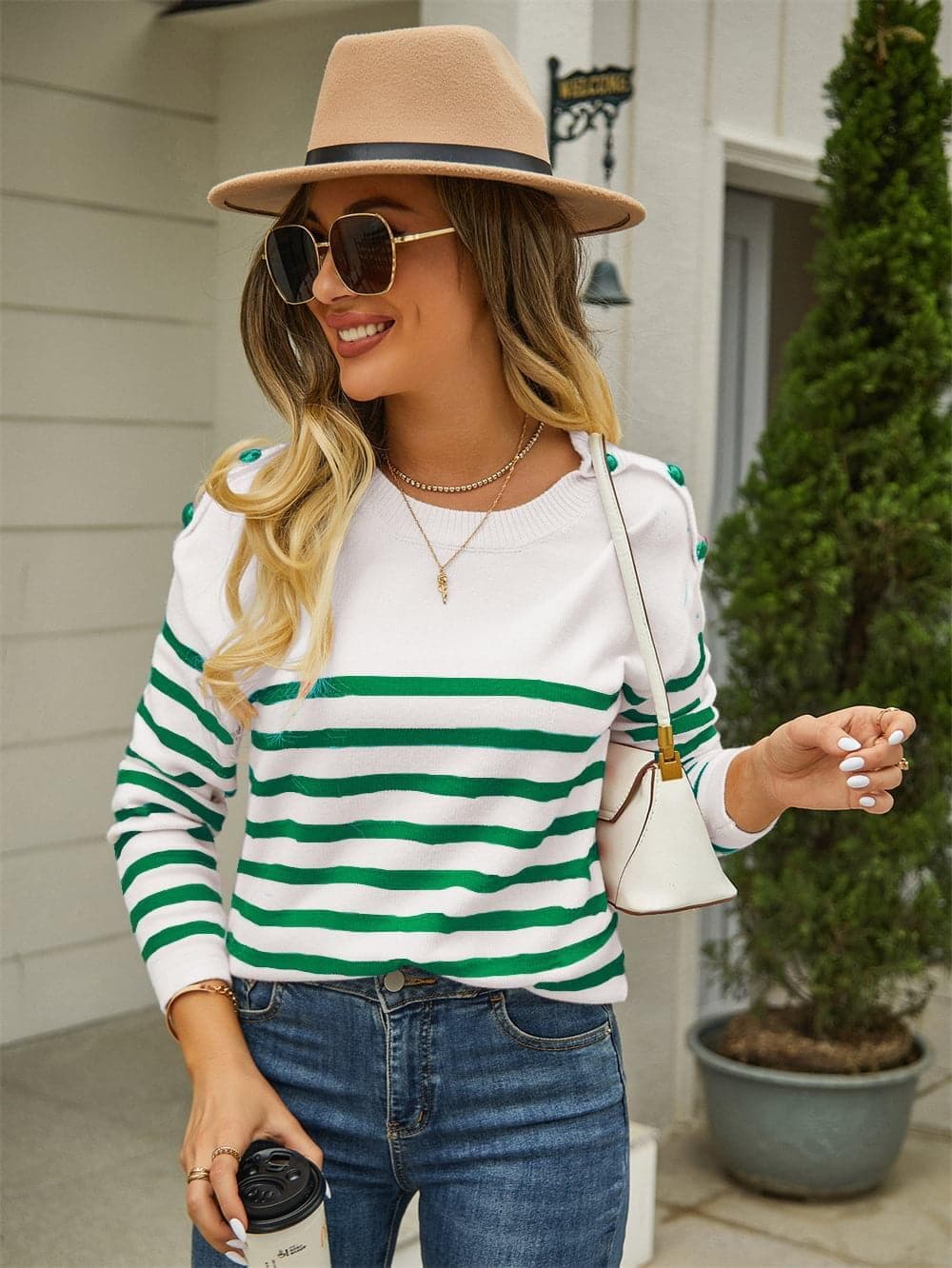 Round Neck Shoulder Button Striped Pullover Sweater, 3 Colors - SwagglyLife Home & Fashion