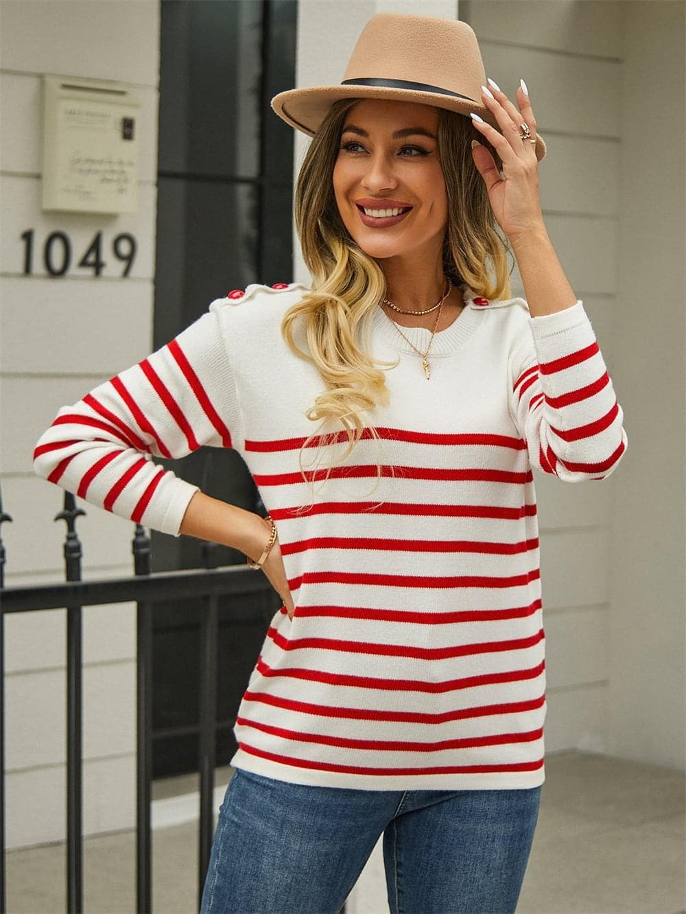 Round Neck Shoulder Button Striped Pullover Sweater, 3 Colors - SwagglyLife Home & Fashion