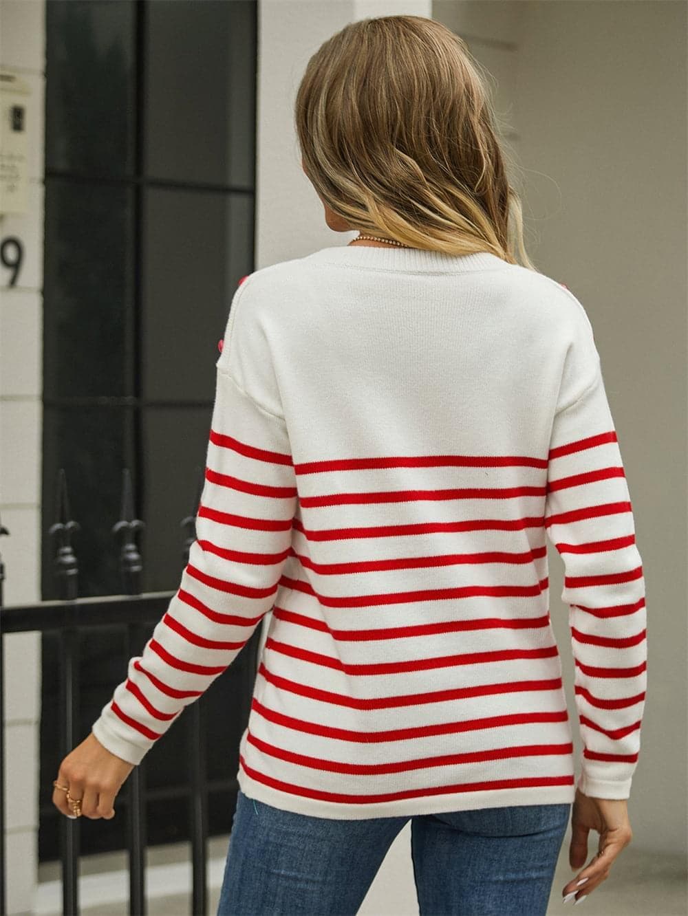 Round Neck Shoulder Button Striped Pullover Sweater, 3 Colors - SwagglyLife Home & Fashion