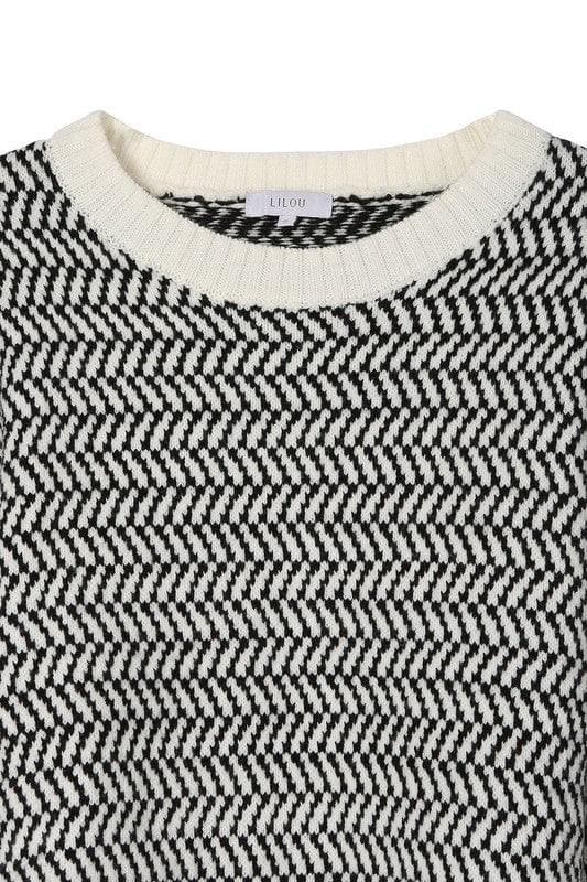 LILOU Herringbone Pattern Crew Neck Sweater, 2 Colors - SwagglyLife Home & Fashion