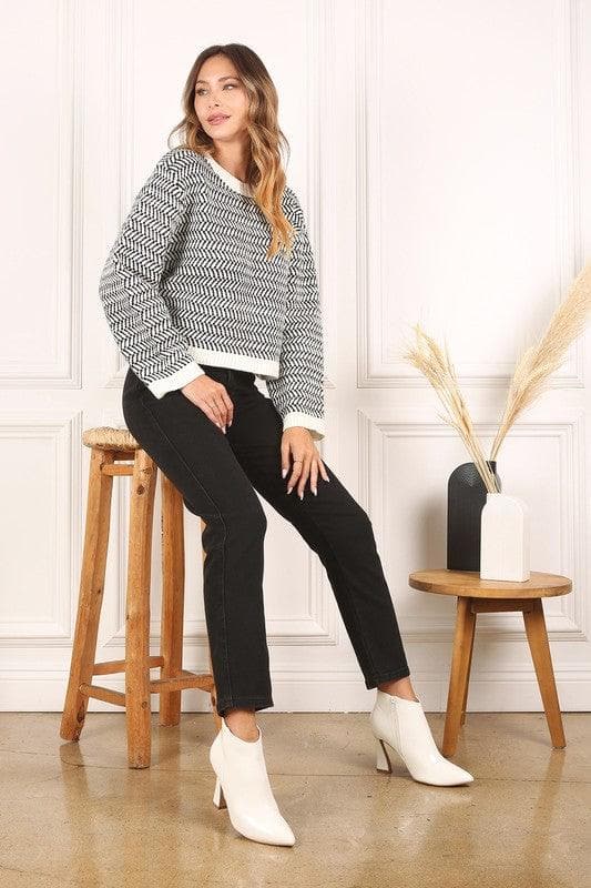 LILOU Herringbone Pattern Crew Neck Sweater, 2 Colors - SwagglyLife Home & Fashion