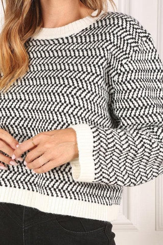 LILOU Herringbone Pattern Crew Neck Sweater, 2 Colors - SwagglyLife Home & Fashion