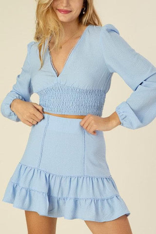 LILOU Lace Trimmed Smocking Blouse and Skirt Set - SwagglyLife Home & Fashion