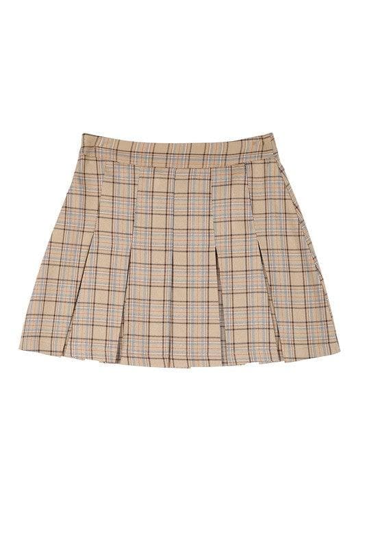 LILOU Plaid Pleated Mini Skirt, Beige Check - SwagglyLife Home & Fashion