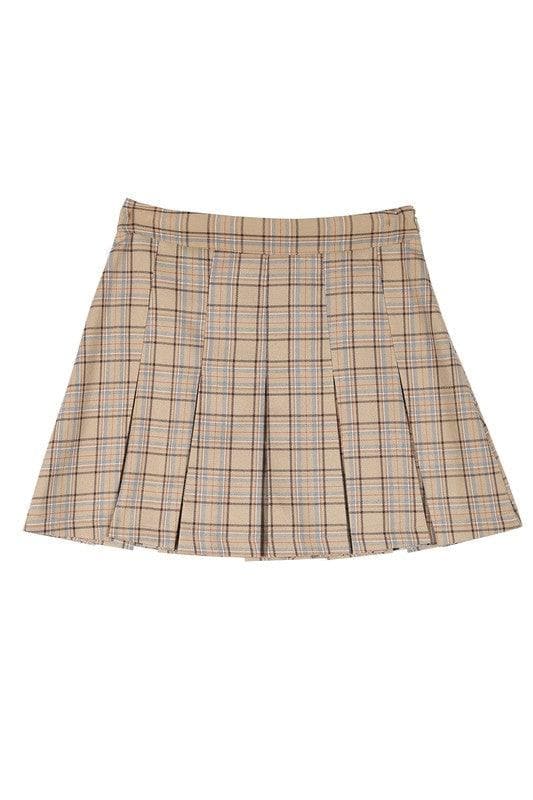 LILOU Plaid Pleated Mini Skirt, Beige Check - SwagglyLife Home & Fashion