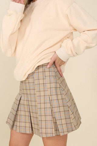 LILOU Plaid Pleated Mini Skirt, Beige Check - SwagglyLife Home & Fashion