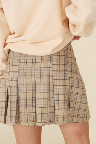 LILOU Plaid Pleated Mini Skirt, Beige Check - SwagglyLife Home & Fashion