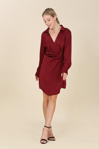 LILOU Satin Collared Wrap Mini Dress - SwagglyLife Home & Fashion