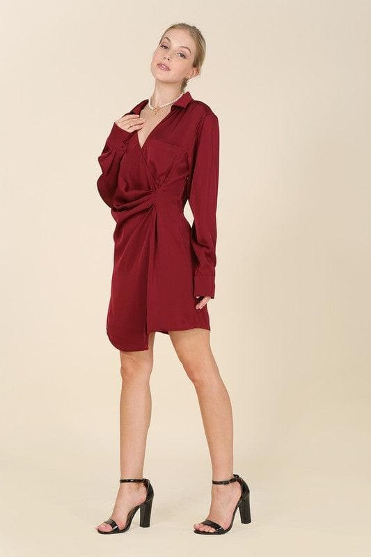 LILOU Satin Collared Wrap Mini Dress - SwagglyLife Home & Fashion