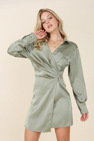 LILOU Satin Collared Wrap Mini Dress - SwagglyLife Home & Fashion