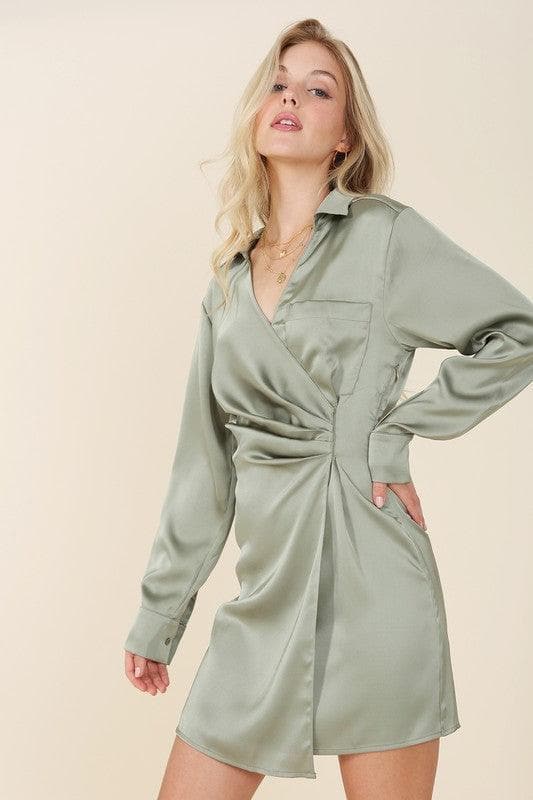 LILOU Satin Collared Wrap Mini Dress - SwagglyLife Home & Fashion