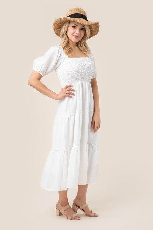 LILOU Tiered Long Dress with Puff Sleeves, 2 Colors - SwagglyLife Home & Fashion