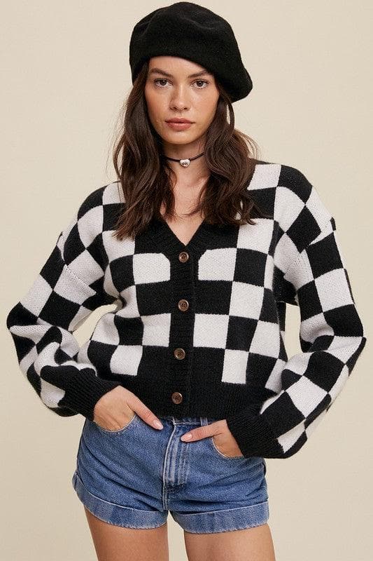 LISTICLE Bold Gingham Sweater Weaved Crop Cardigan - SwagglyLife Home & Fashion