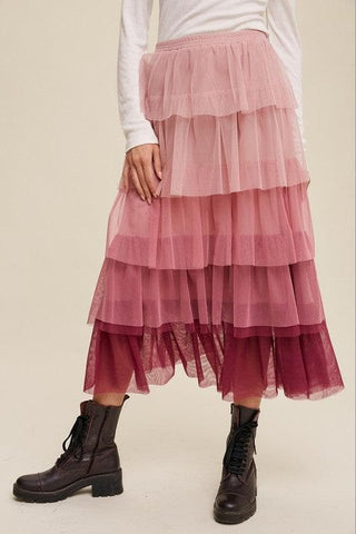 LISTICLE Gradient Style Tiered Mesh Maxi Skirt Magenta - SwagglyLife Home & Fashion