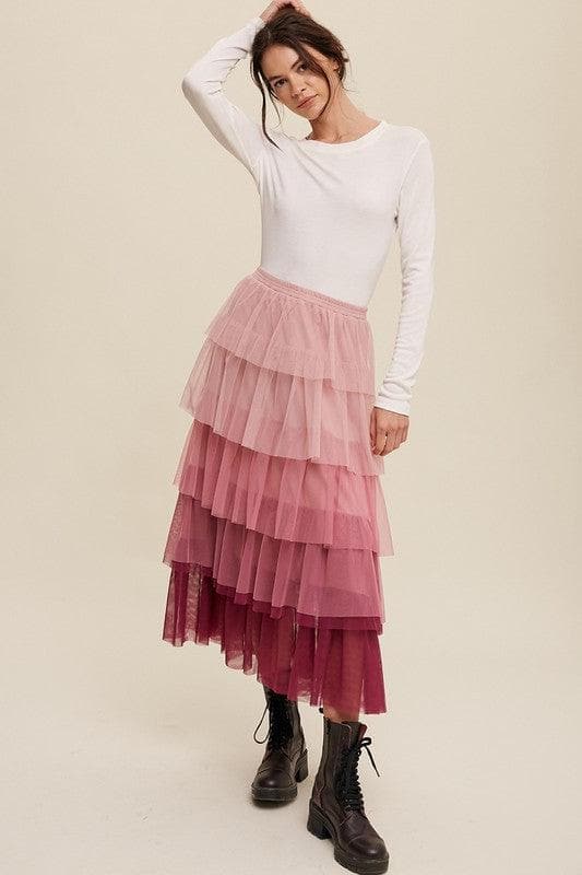 LISTICLE Gradient Style Tiered Mesh Maxi Skirt Magenta - SwagglyLife Home & Fashion