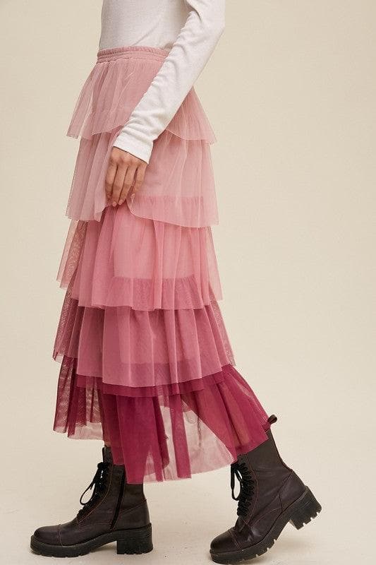 LISTICLE Gradient Style Tiered Mesh Maxi Skirt Magenta - SwagglyLife Home & Fashion