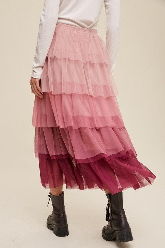 LISTICLE Gradient Style Tiered Mesh Maxi Skirt Magenta - SwagglyLife Home & Fashion