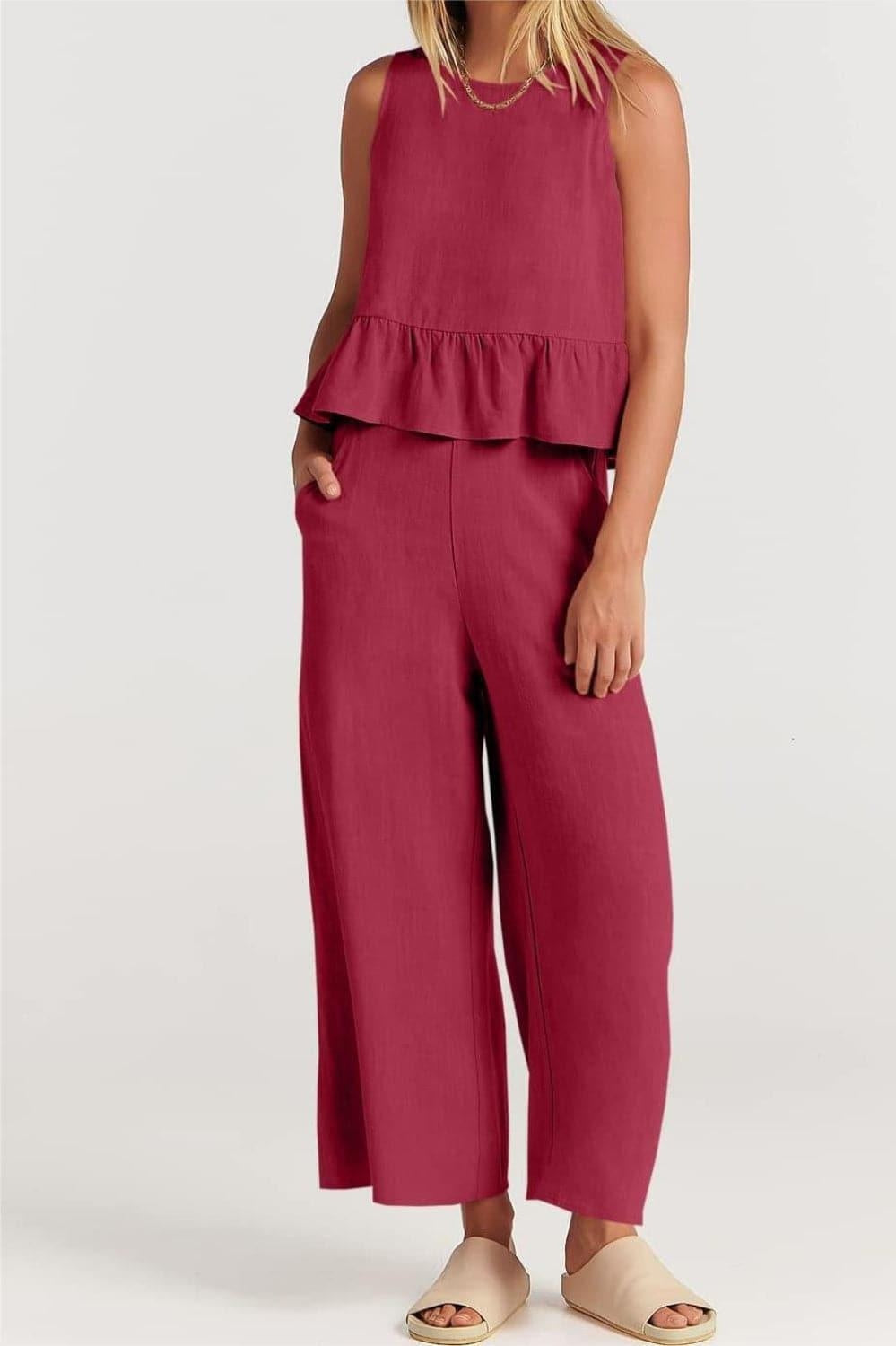 Litzy Full Size Round Neck Top and Wide Leg Pants Set - SwagglyLife Home & Fashion