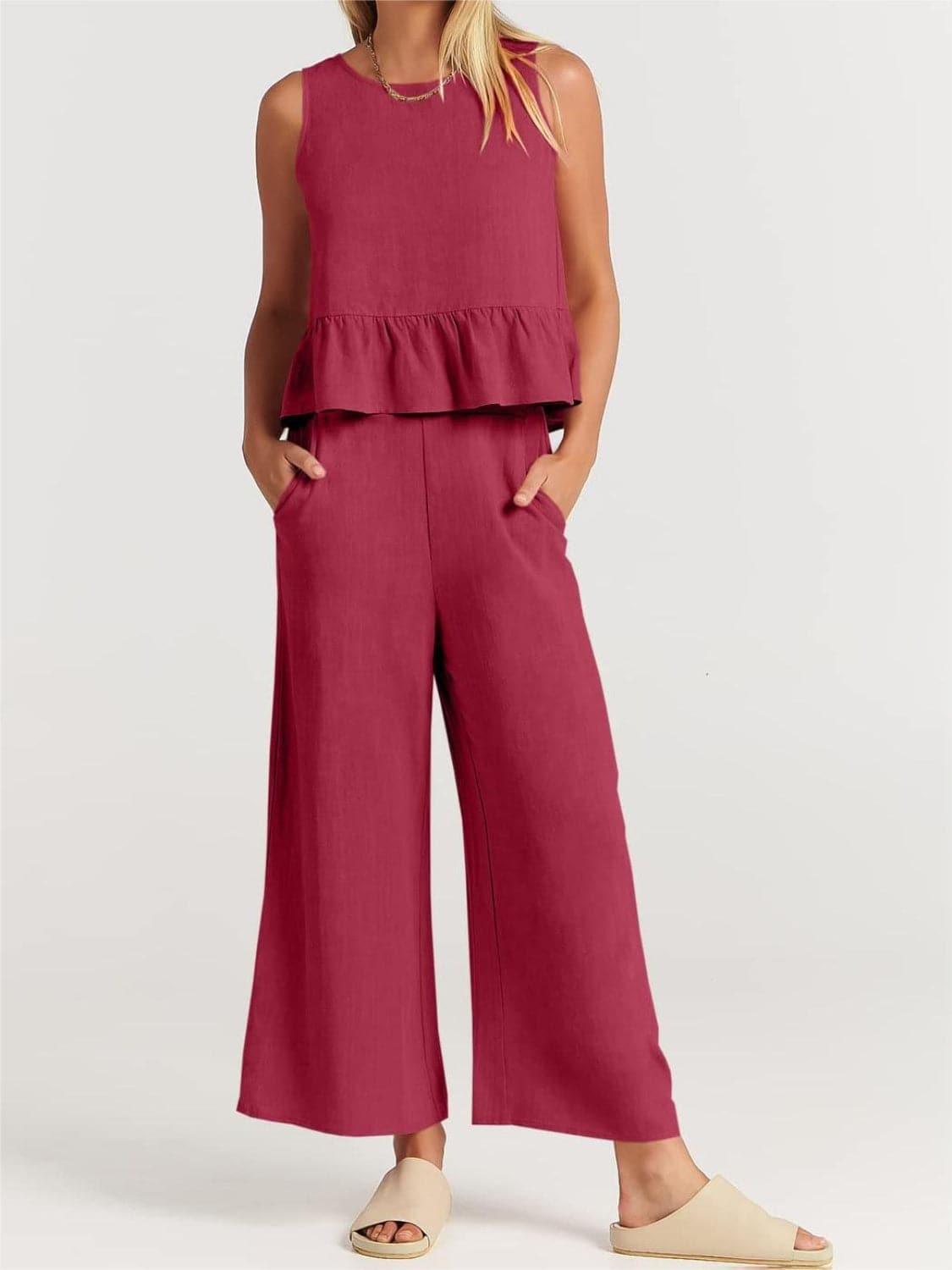 Litzy Full Size Round Neck Top and Wide Leg Pants Set - SwagglyLife Home & Fashion