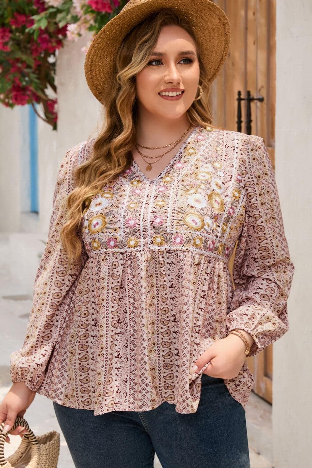 Lizzie PLUS Size V-Neck Printed Long Sleeve Blouse - SwagglyLife Home & Fashion