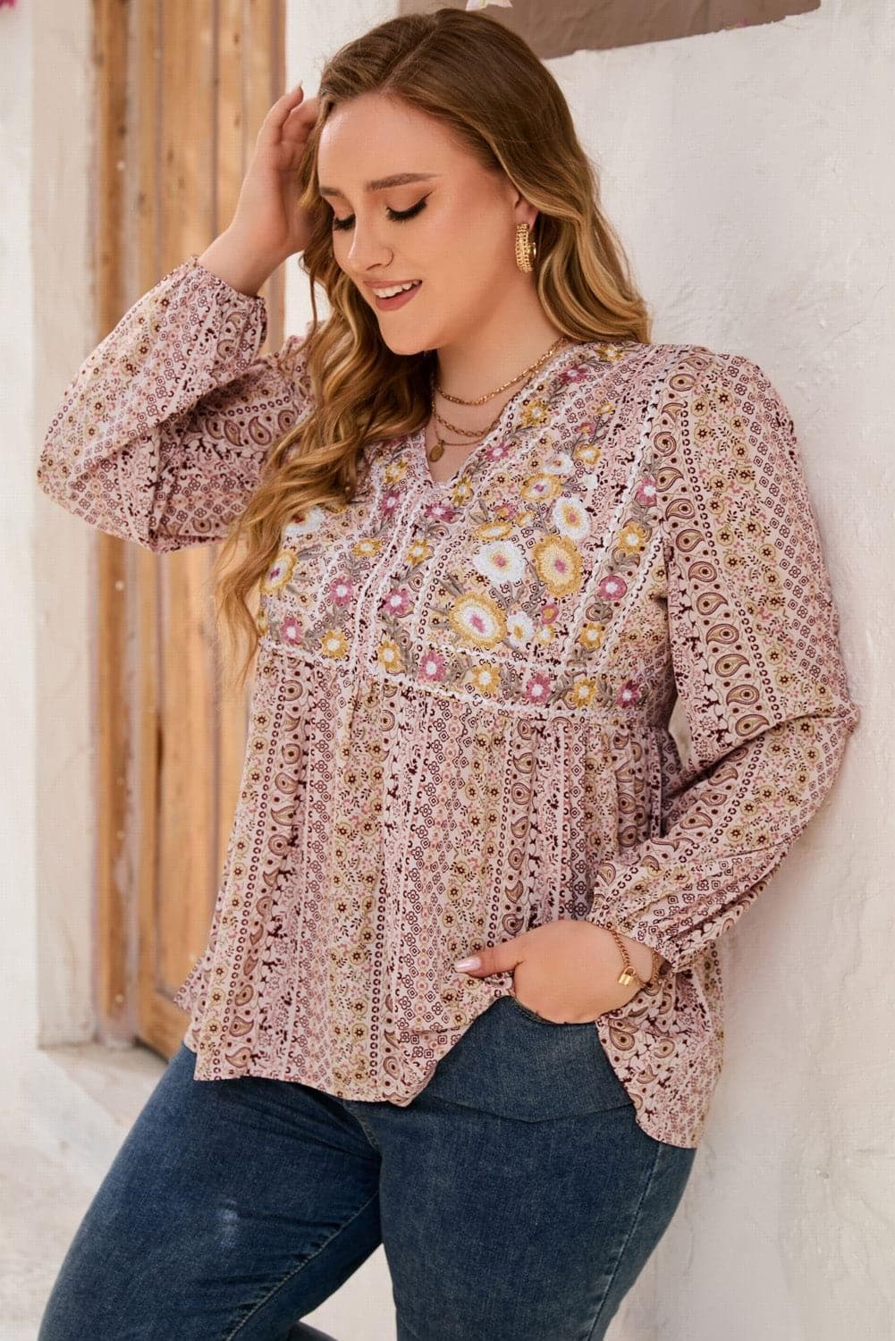 Lizzie PLUS Size V-Neck Printed Long Sleeve Blouse - SwagglyLife Home & Fashion