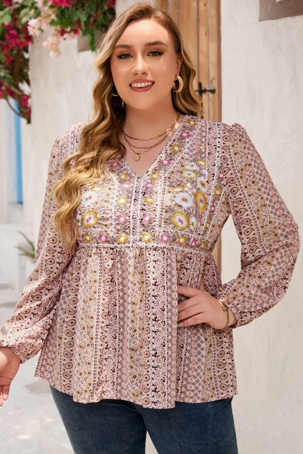 Lizzie PLUS Size V-Neck Printed Long Sleeve Blouse - SwagglyLife Home & Fashion