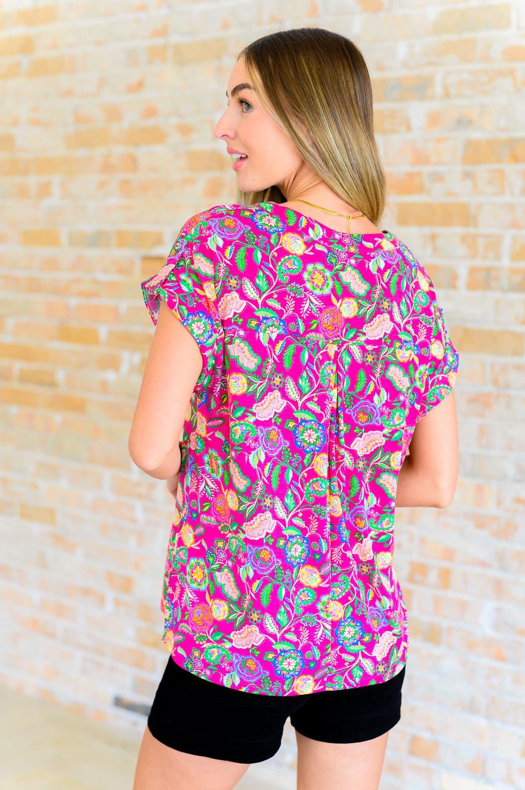 Lizzy Cap Sleeve Top in Fuchsia and Green Floral Paisley - SwagglyLife Home & Fashion