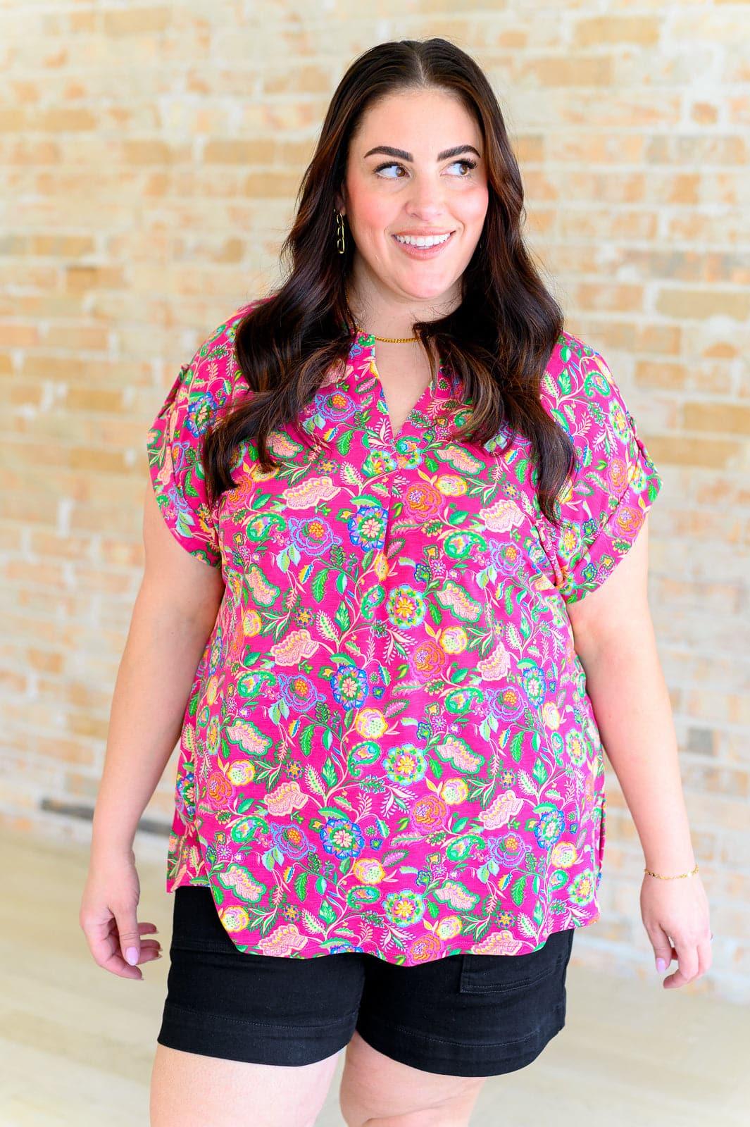 Lizzy Cap Sleeve Top in Fuchsia and Green Floral Paisley - SwagglyLife Home & Fashion