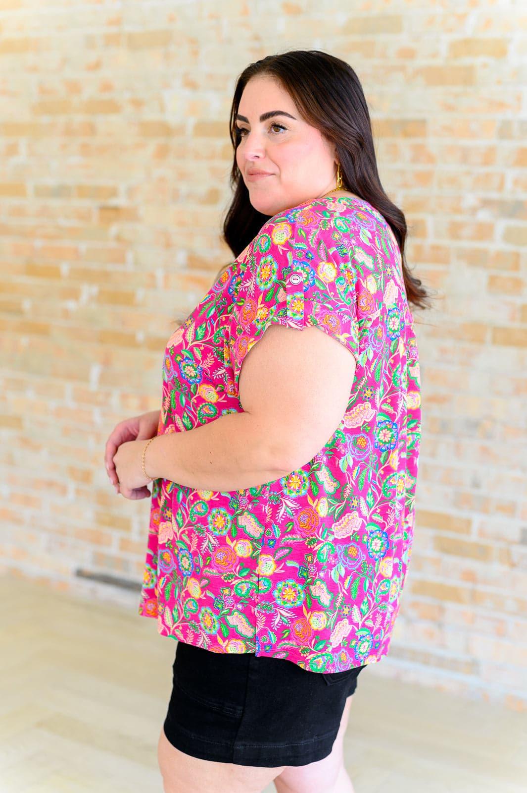 Lizzy Cap Sleeve Top in Fuchsia and Green Floral Paisley - SwagglyLife Home & Fashion