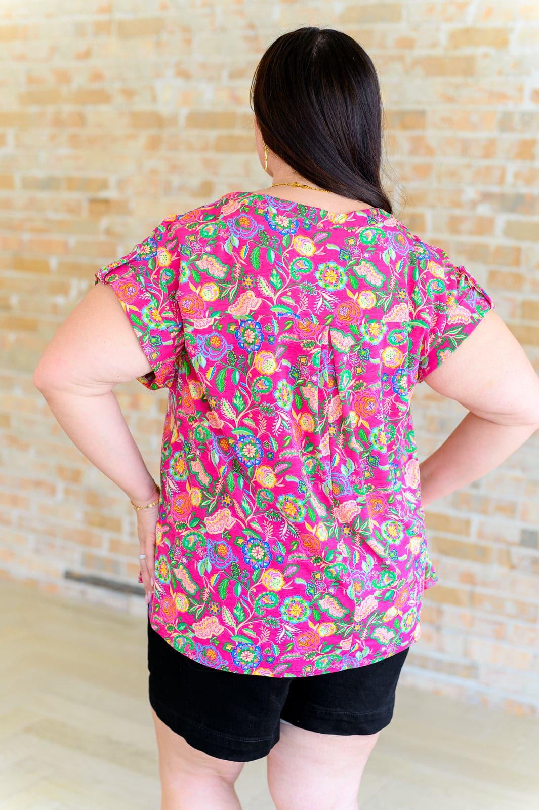 Lizzy Cap Sleeve Top in Fuchsia and Green Floral Paisley - SwagglyLife Home & Fashion