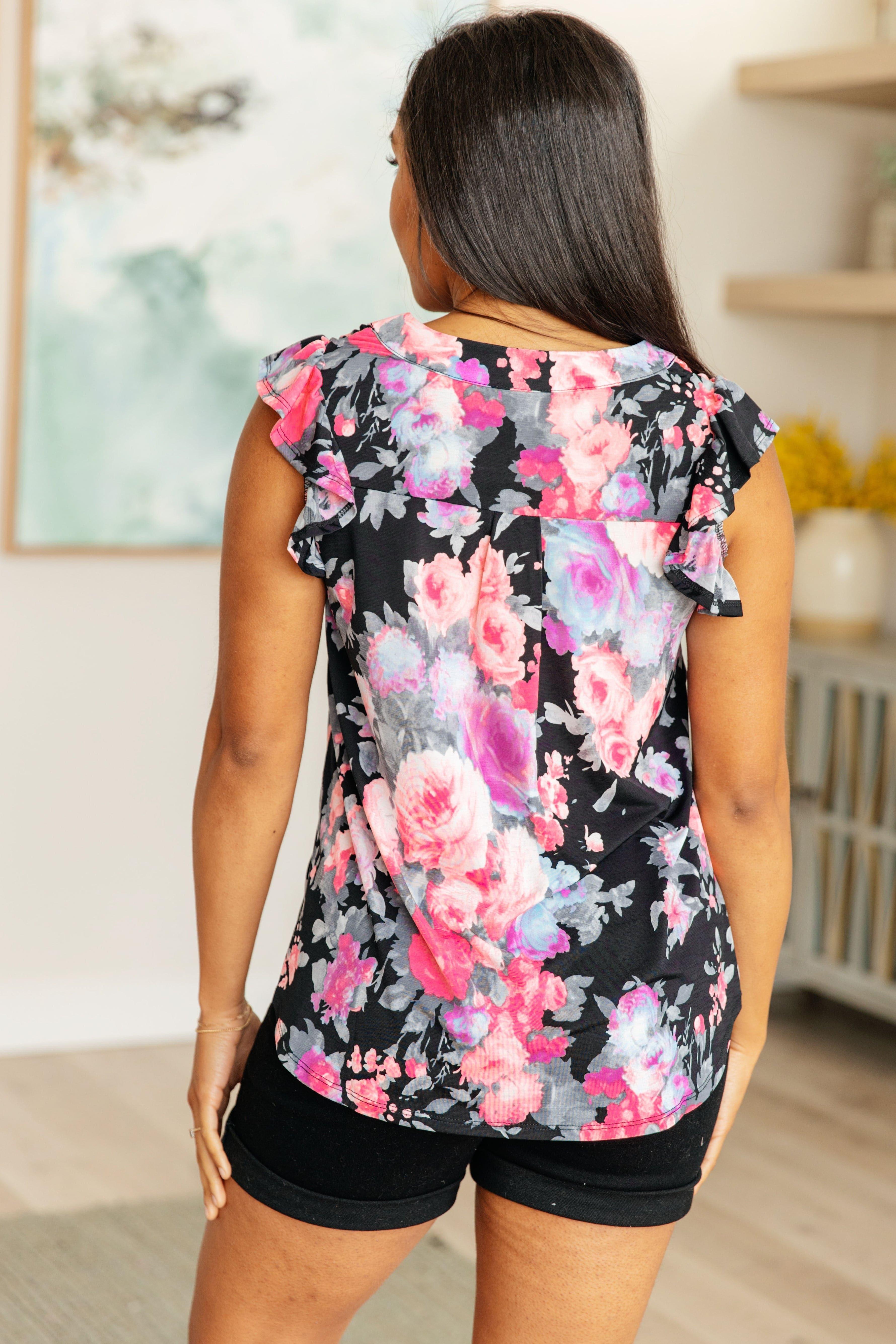 Lizzy Flutter Sleeve Top in Black and Dusty Pink Floral - SwagglyLife Home & Fashion