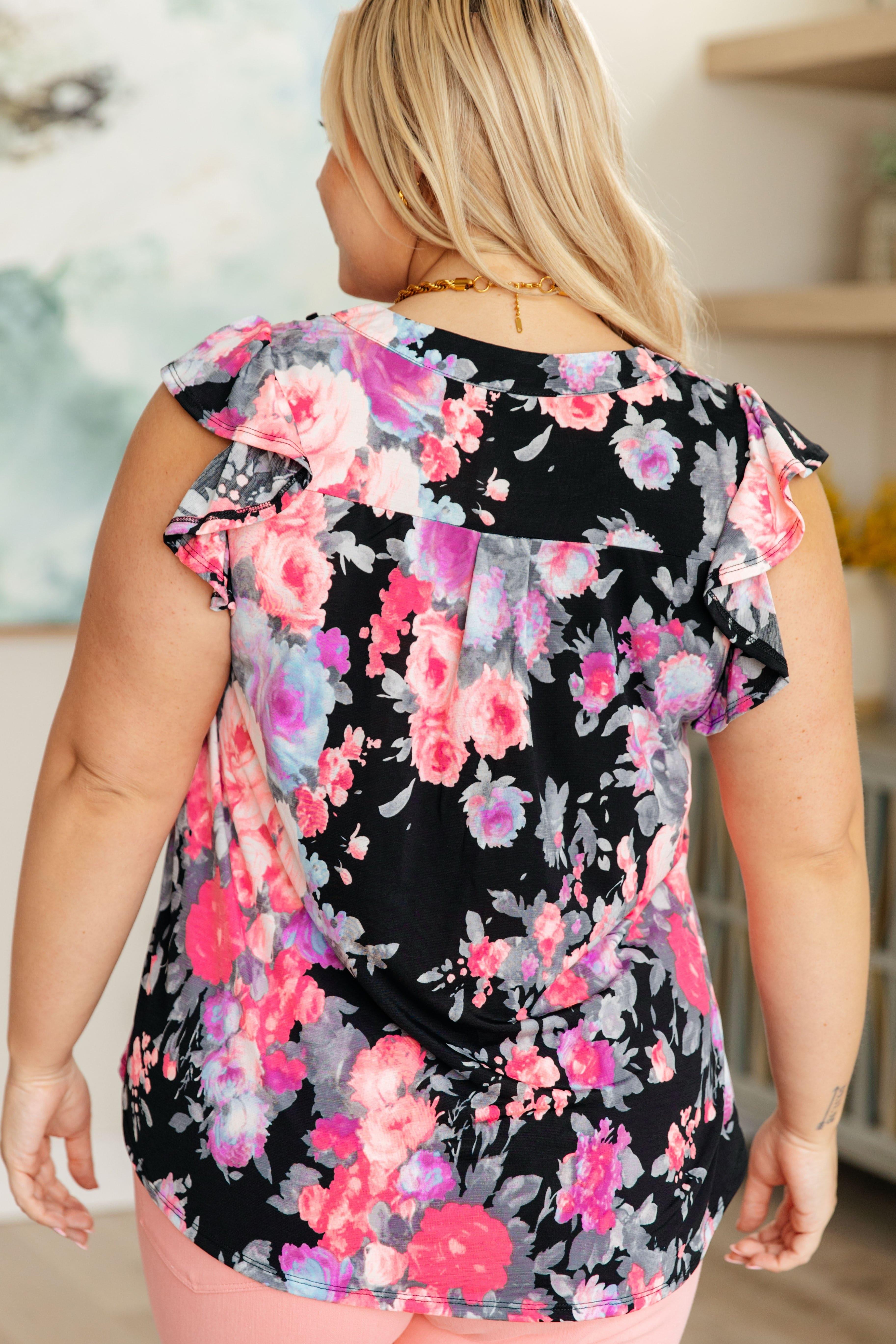 Lizzy Flutter Sleeve Top in Black and Dusty Pink Floral - SwagglyLife Home & Fashion