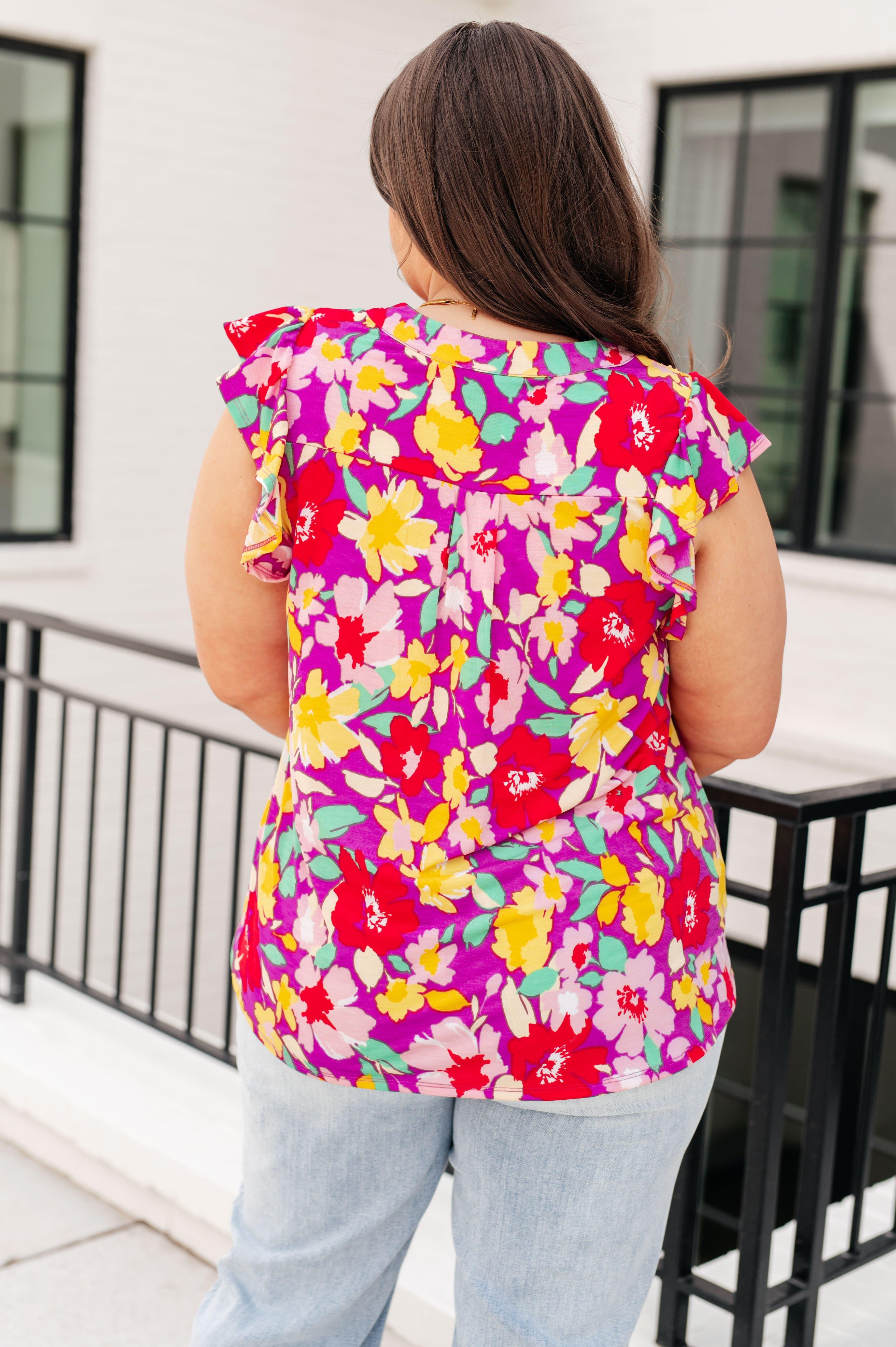 Lizzy Flutter Sleeve Top in Magenta and Yellow Floral - SwagglyLife Home & Fashion