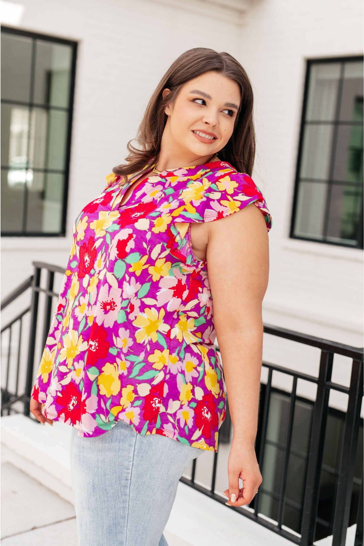 Lizzy Flutter Sleeve Top in Magenta and Yellow Floral - SwagglyLife Home & Fashion