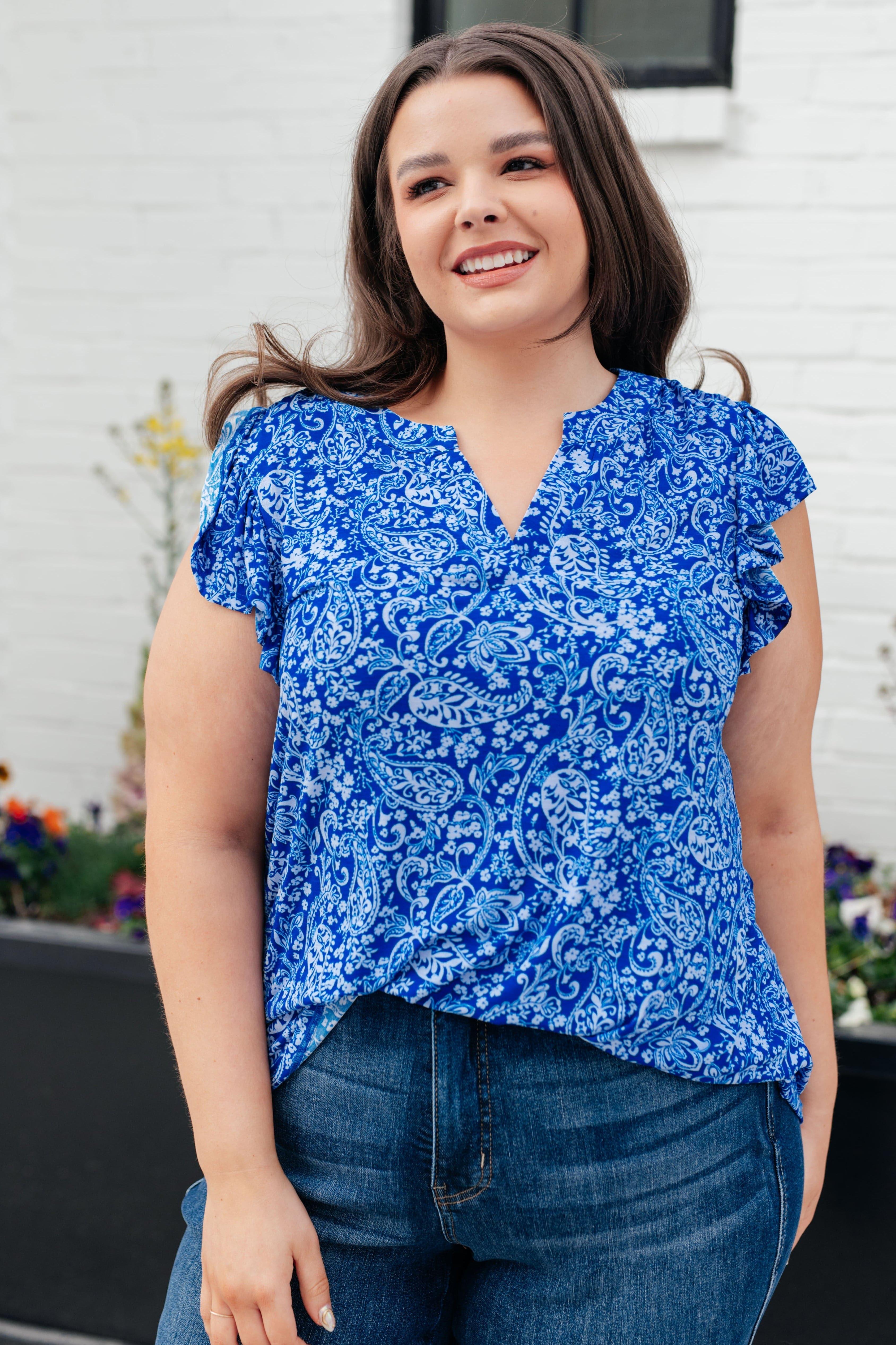 Lizzy Flutter Sleeve Top in Royal Blue and White Floral - SwagglyLife Home & Fashion