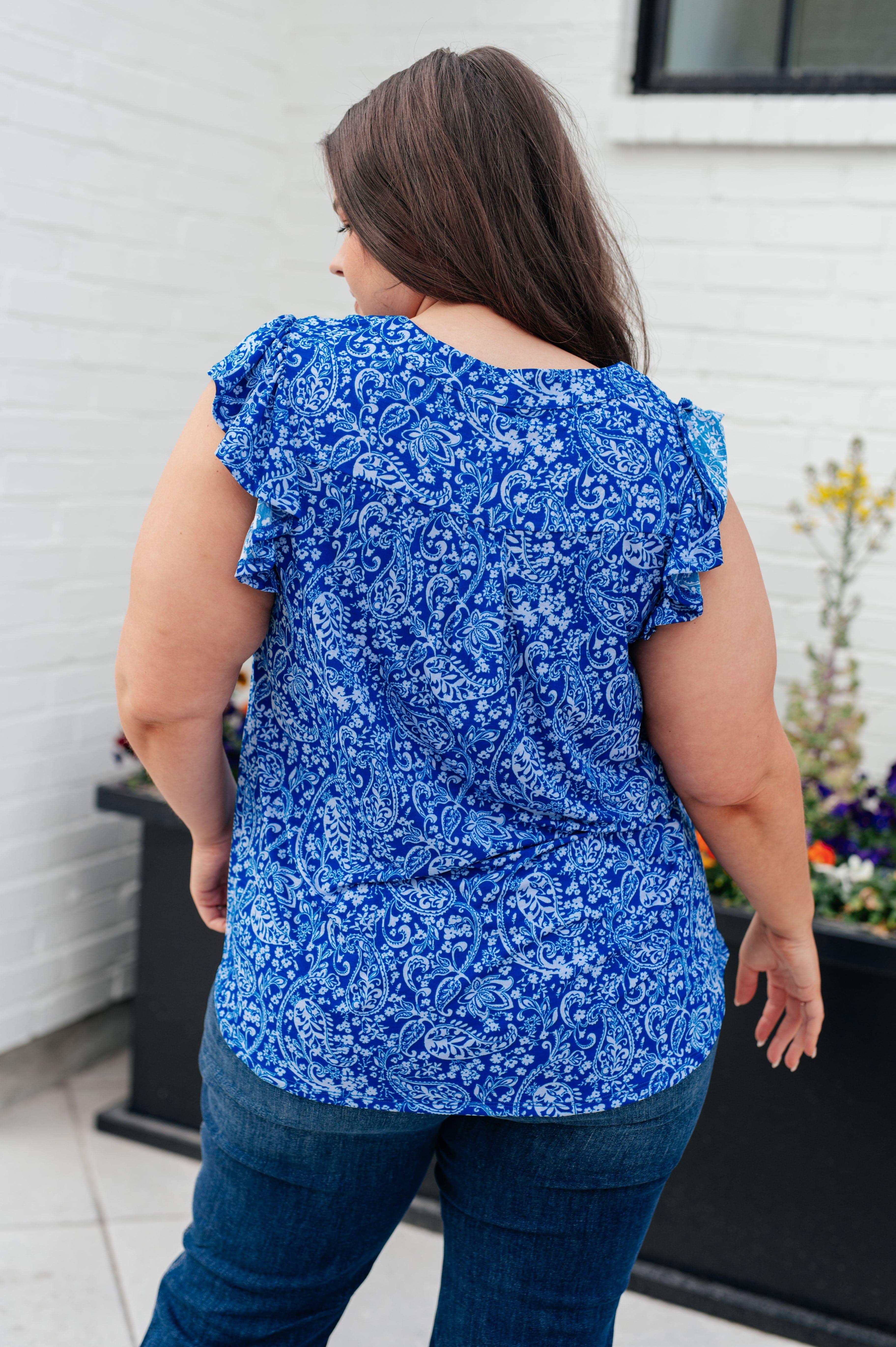 Lizzy Flutter Sleeve Top in Royal Blue and White Floral - SwagglyLife Home & Fashion