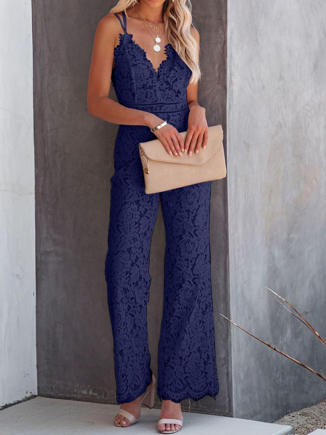 LOOK IN YOUR EYES Lace V-Neck Spaghetti Strap Jumpsuit - SwagglyLife Home & Fashion