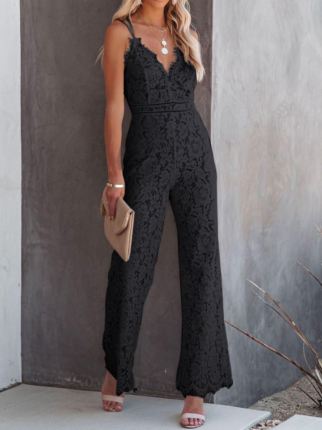 LOOK IN YOUR EYES Lace V-Neck Spaghetti Strap Jumpsuit - SwagglyLife Home & Fashion
