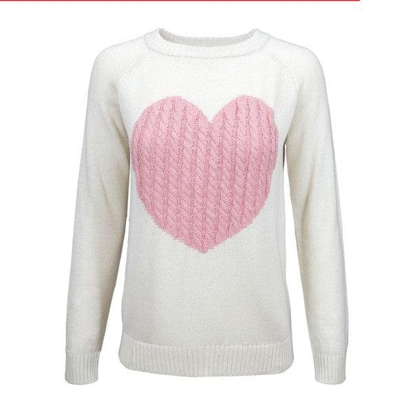 Love Heart Jacquard Round Neck Pullover Sweater - SwagglyLife Home & Fashion