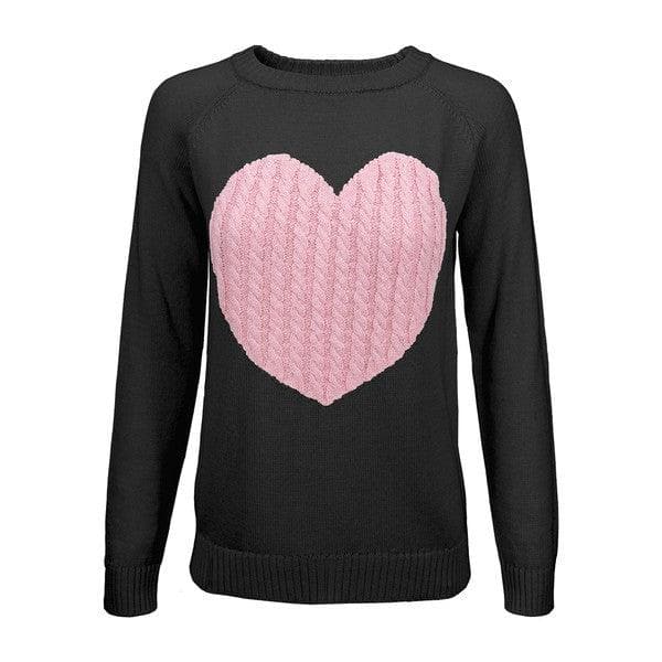 Love Heart Jacquard Round Neck Pullover Sweater - SwagglyLife Home & Fashion