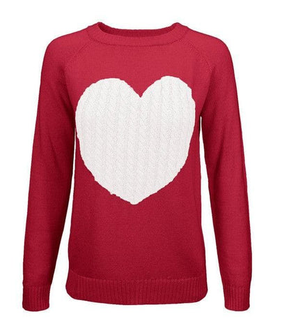 Love Heart Jacquard Round Neck Pullover Sweater - SwagglyLife Home & Fashion