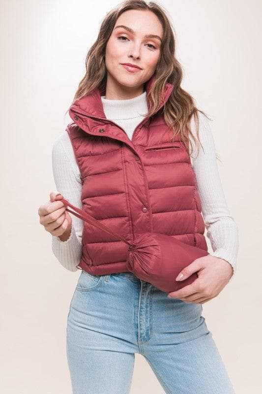 LOVE TREE High Neck Zip Up Puffer Vest with Storage Pouch, 6 Colors - SwagglyLife Home & Fashion