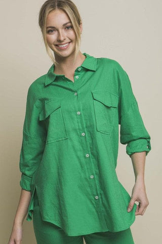 LOVE TREE Linen Oversized Double Pocket Button Down Shirt - SwagglyLife Home & Fashion