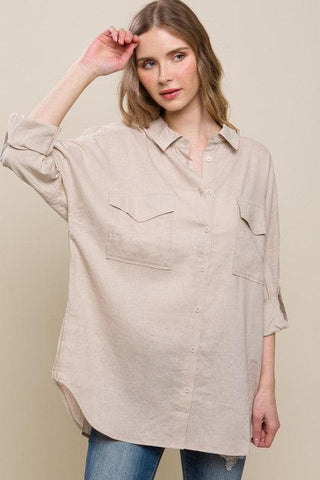 LOVE TREE Linen Oversized Double Pocket Button Down Shirt - SwagglyLife Home & Fashion