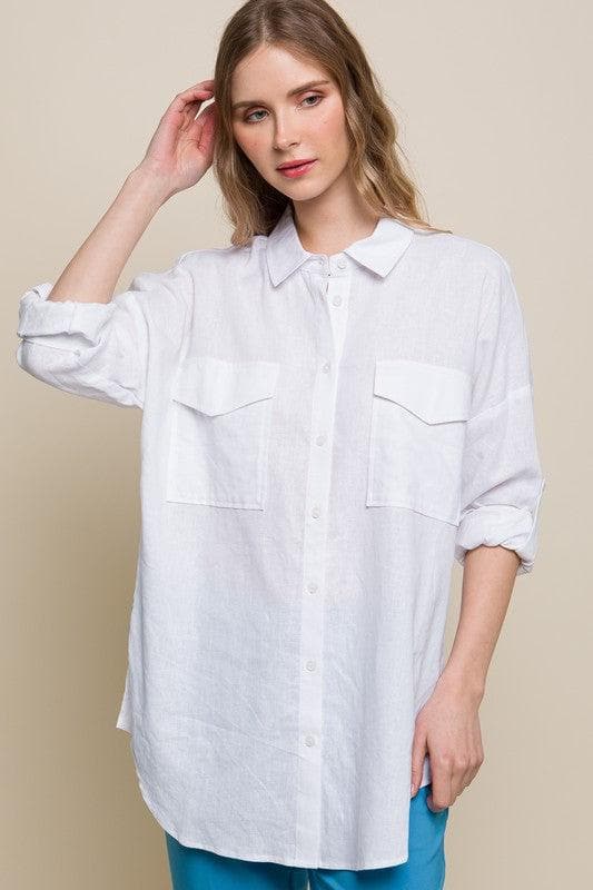 LOVE TREE Linen Oversized Double Pocket Button Down Shirt - SwagglyLife Home & Fashion