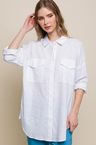 LOVE TREE Linen Oversized Double Pocket Button Down Shirt - SwagglyLife Home & Fashion